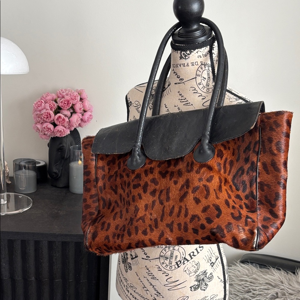 Vintage Furla Leopard Print Leather and fur Tote Bag